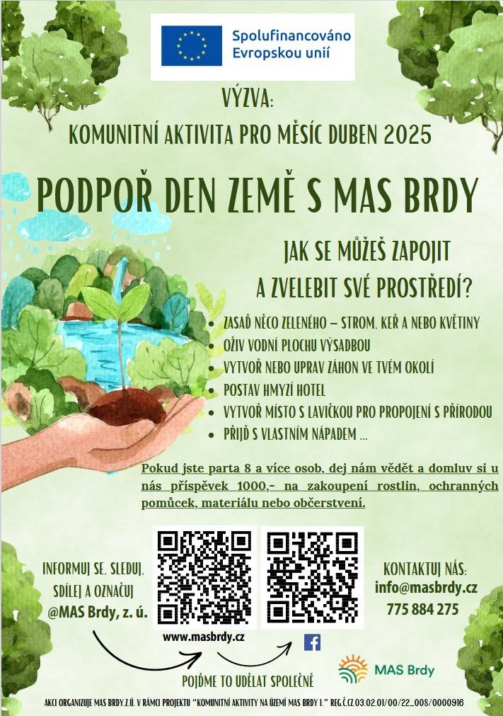 Zveme Vás k zapojení do komunitní aktivity "PODPOŘ DEN ZEMĚ S MAS Brdy", která proběhne v průběhu měsíce dubna 2025.