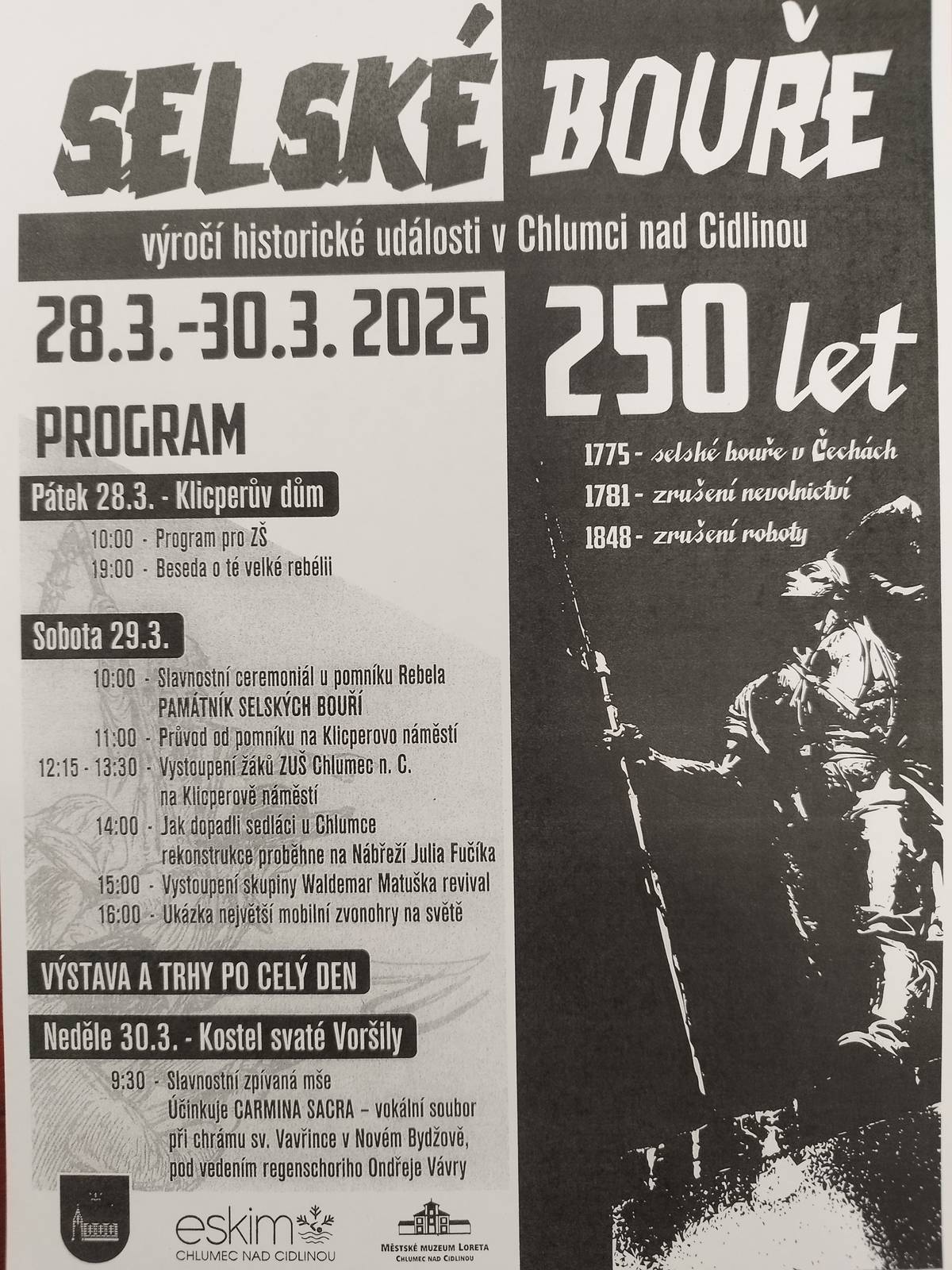 Přijďte tento víkend 28.3. - 30.3. 2025, navštívit výročí historické události v Chlumci nad Cidlinou. Čeká na Vás bohatý program, výstava a trhy. Všichni jste srdečně zváni.