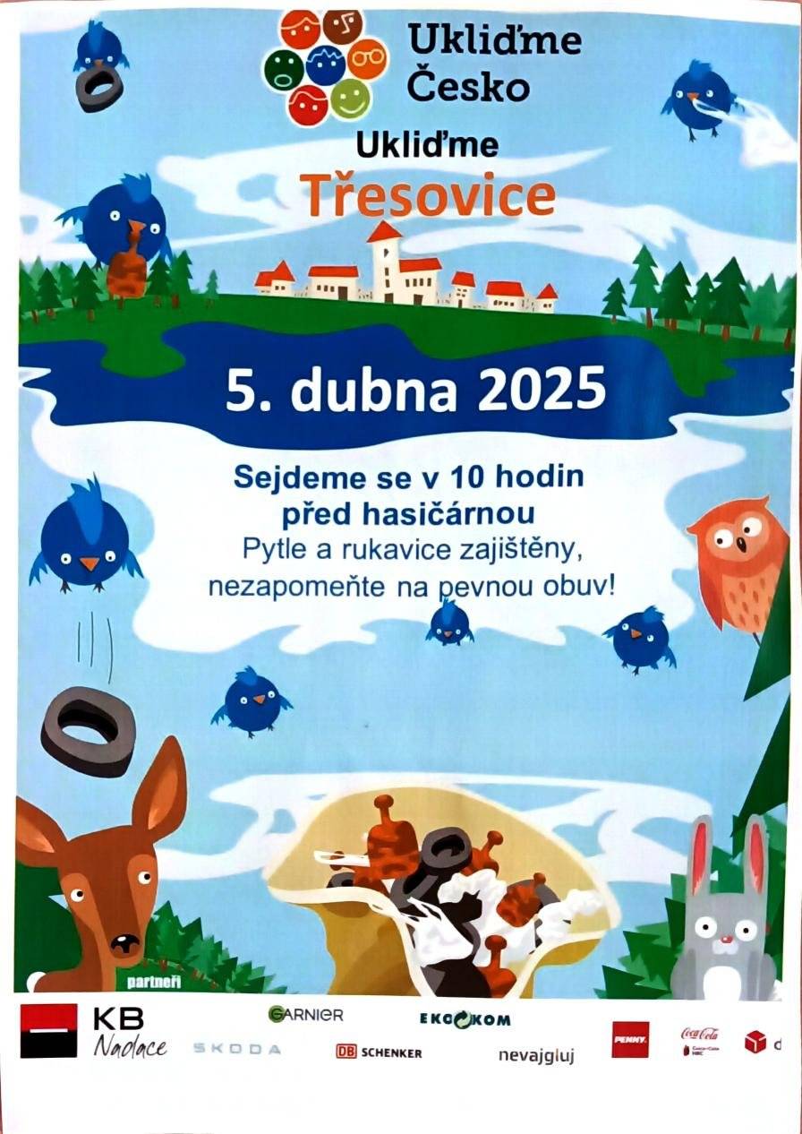 Zveme občany na celostátní akci "Ukliďme Česko", která se uskuteční již poněkolikáté i v naší obci Třesovice. Akce se koná v sobotu 5. dubna, sraz je před hasičárnou v 10:00 hodin.