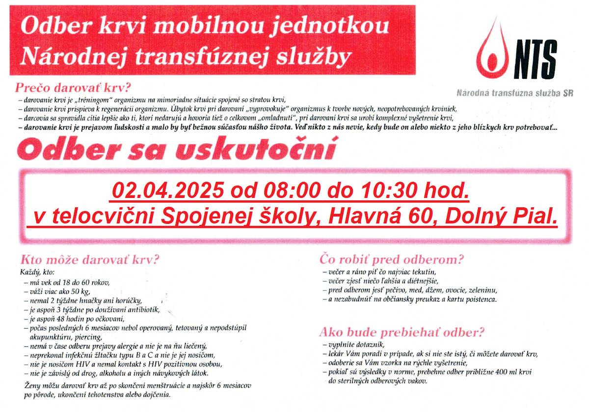 Spojená škola v Dolnom Piali Vás pozýva na odber krvi mobilnou jednotkou Národnej transfúznej služby.