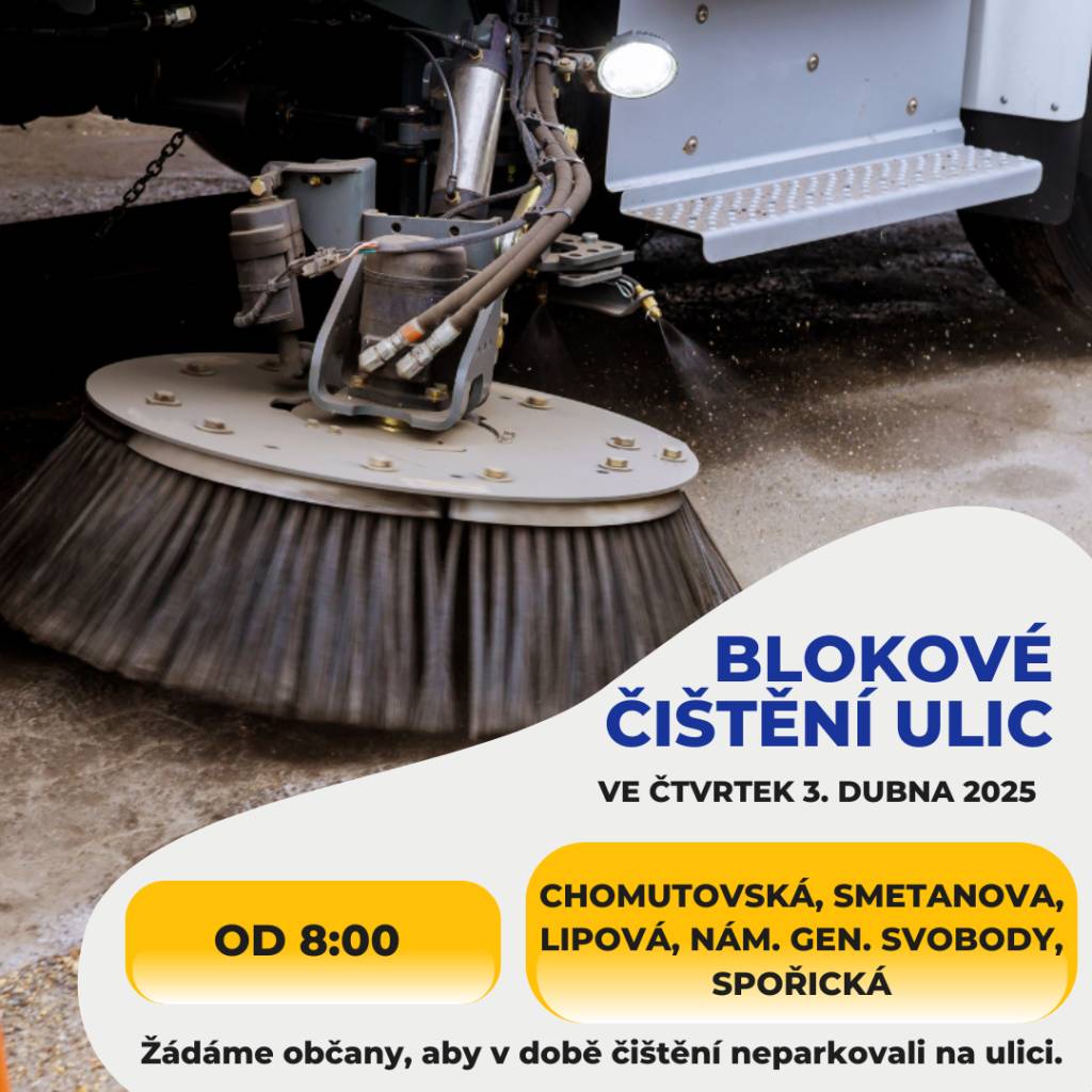 BLOKOVÉ ČIŠTĚNÍ ULIC  Dne 3. dubna 2025 bude zahájen pravidelný úklid komunikací v obci Spořice. Čištění bude probíhat každý sudý týden ve čtvrtek od 8:00 hodin.  Žádáme, aby jste pokud možno neparkovali v době čištění na ulici.  Děkujeme za spolupráci.