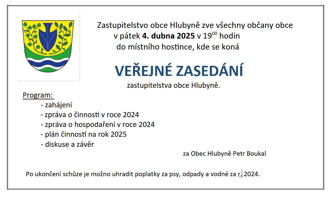 Veřejné zasedání zastupitelstva - v pátek 4.4.2025 v 19:00 hodin.