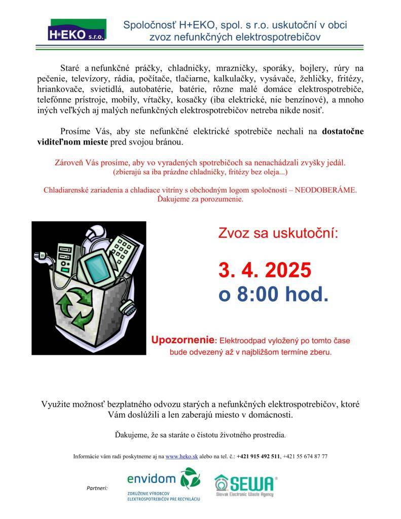 3. apríla 2025 sa uskutoční v obci zber elektroodpadu.