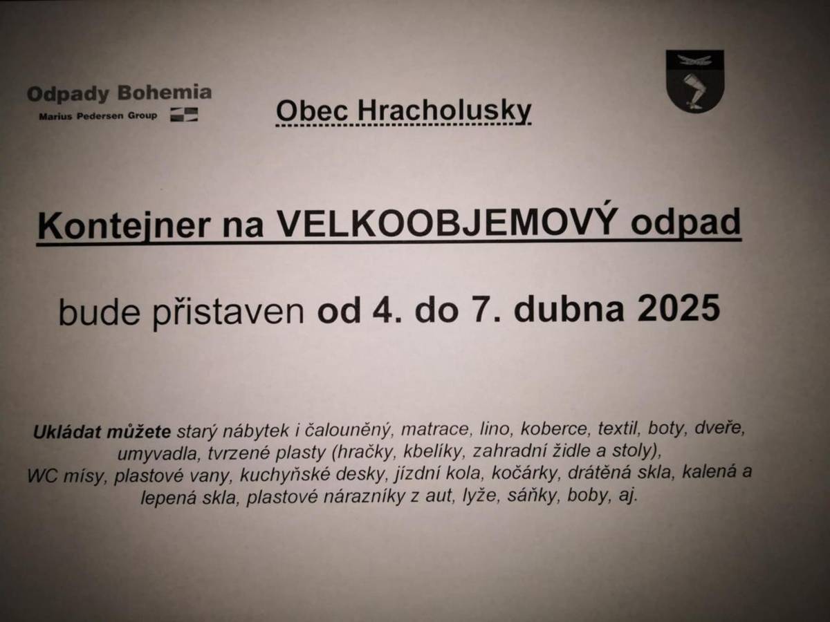 Svoz velkoobjemového odpadu se uskuteční od 4. do 7.Dubna 2025