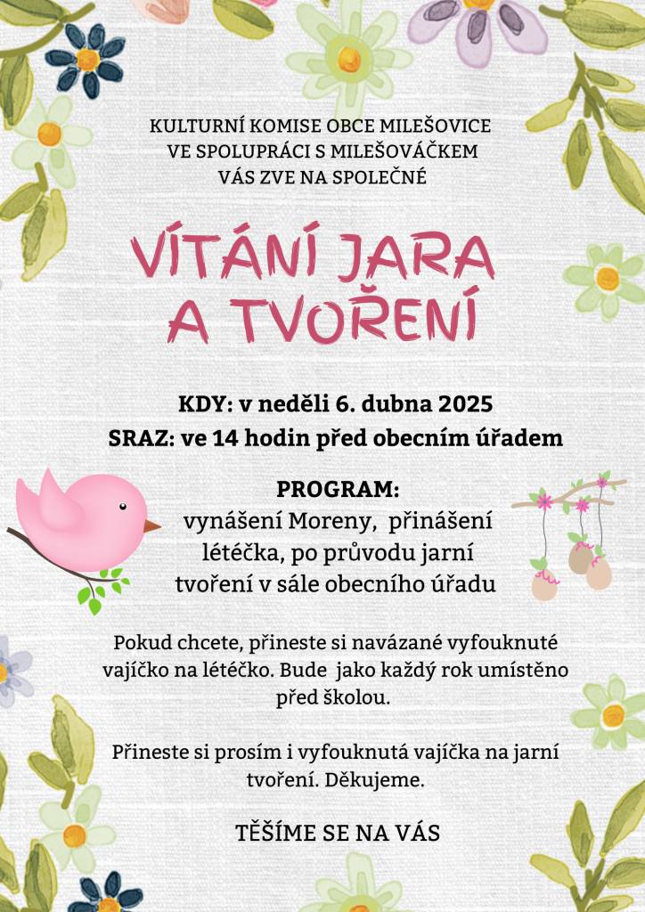 VÍTÁNÍ JARA A TVOŘENÍ proběhne v neděli 6. dubna 2025  SRAZ: ve 14 hodin před obecním úřadem.