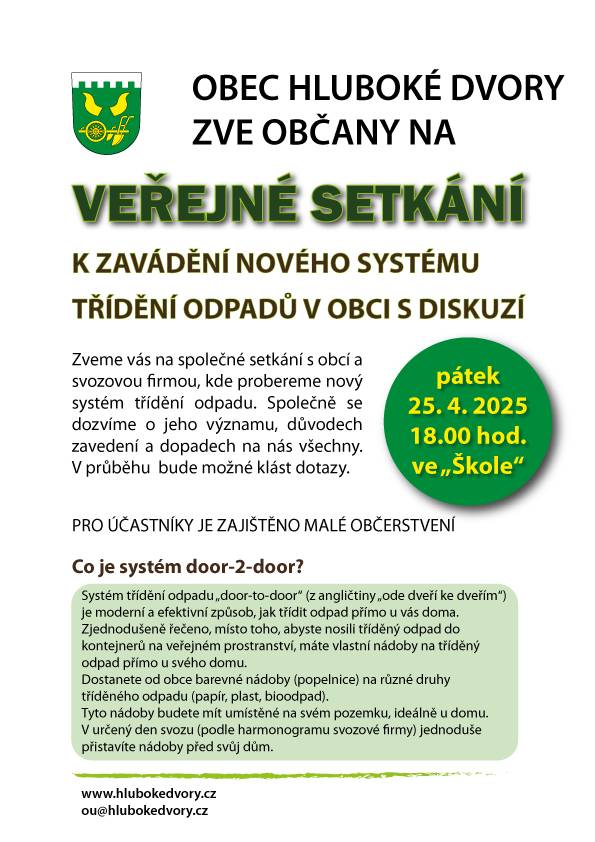 Vážení občané, obec HD by Vás chtěla informovat o změnách v zavádění nového systému třídění odpadu na veřejném setkání v pátek 25. 4. 2025 v 18.00 na OU. Bude vám představen nový systém třídění. Přítomen bude i zástupce svozové firmy.