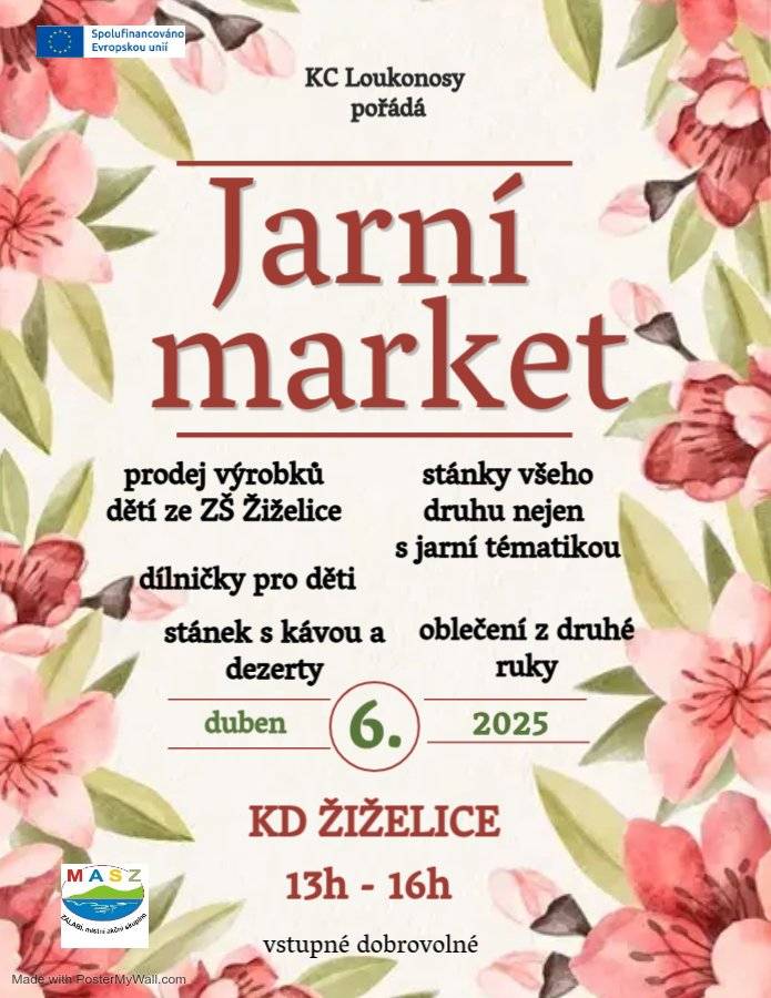 KC Loukonosy vás zve na Jarní market, který se koná tuto neděli 6.4. od 13 do 16h v KD v Žiželicích. Připraveny budou různé druhy stánků - řezbářské výrobky, svíčky, krystaly, šité oblečení a doplňky, bižuterie, eko drogerie Eurona, oblečení z druhé ruky, jarní věnce a dekorace, stánek s kávou a dezerty.  Pro děti budou připraveny tvořivé dílničky. Svůj stánek budou mít také děti ze ZŠ Žiželice se svými jarními výrobky, přijďte je podpořit svým nákupem