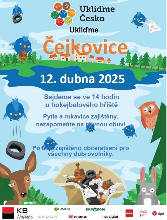 Obec spolu se Spolkem Čejkovických Holek (SČH) by vás všechny ráda pozvala na již tradiční jarní akci Ukliďme Čejkovice, která se letos koná v sobotu 12. dubna od 14 hodin.  Sraz dobrovolníků bude na hokejbalovém hřišti, kde budou rozdány pytle na odpadky a rukavice. Po ukončení akce, bude pro všechny dobrovolníky zajištěno občerstvení. Letos jsme se poprvé zapojili do celorepublikové akce Ukliďme Česko, ve které se můžete zapojit do fotosoutěže, viz. odkazy: https://www.uklidmecesko.cz/fotosoutez/ https://www.uklidmecesko.cz/vajglobrani/