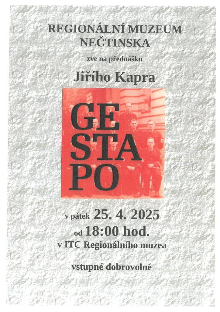 Regionální muzeum Nečtinska vás srdečně zve na přednášku, která se uskuteční v pátek 25.04.2025 od 18 hodin v ITC Regionálního muzea