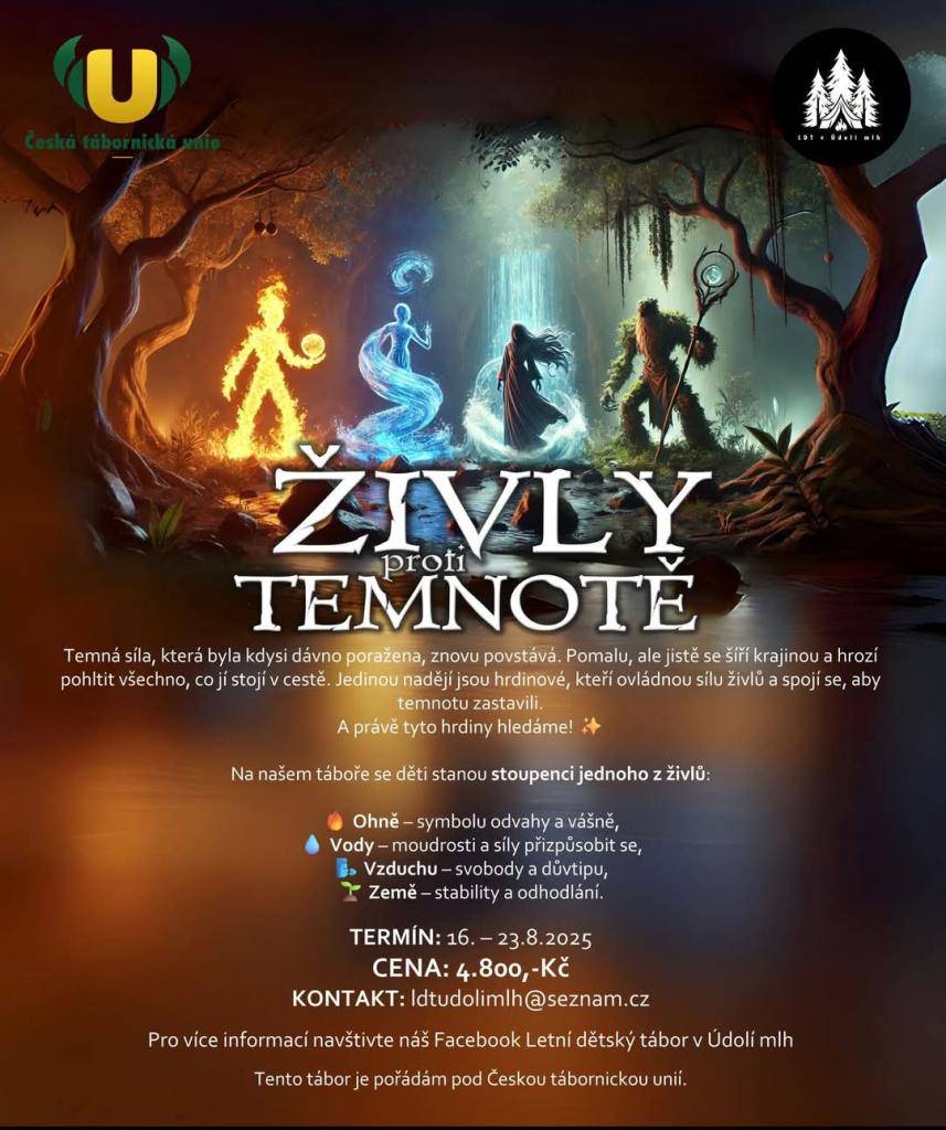 Zveme vás na Letní dětský tábor v Údolí mlh, který proběhne od 16. do 23. srpna 2025. Cena za účast je 4.800 Kč. Pro více informací navštivte náš Facebook nebo kontaktujte nás na idtudolimlh@seznam.cz. Tábor je organizován pod Českou tábornickou unií.