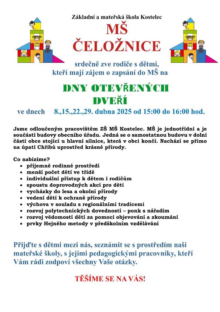 Pozvánka pro rodiče s dětmi na dny otevřených dveří v MŠ Čeložnice.