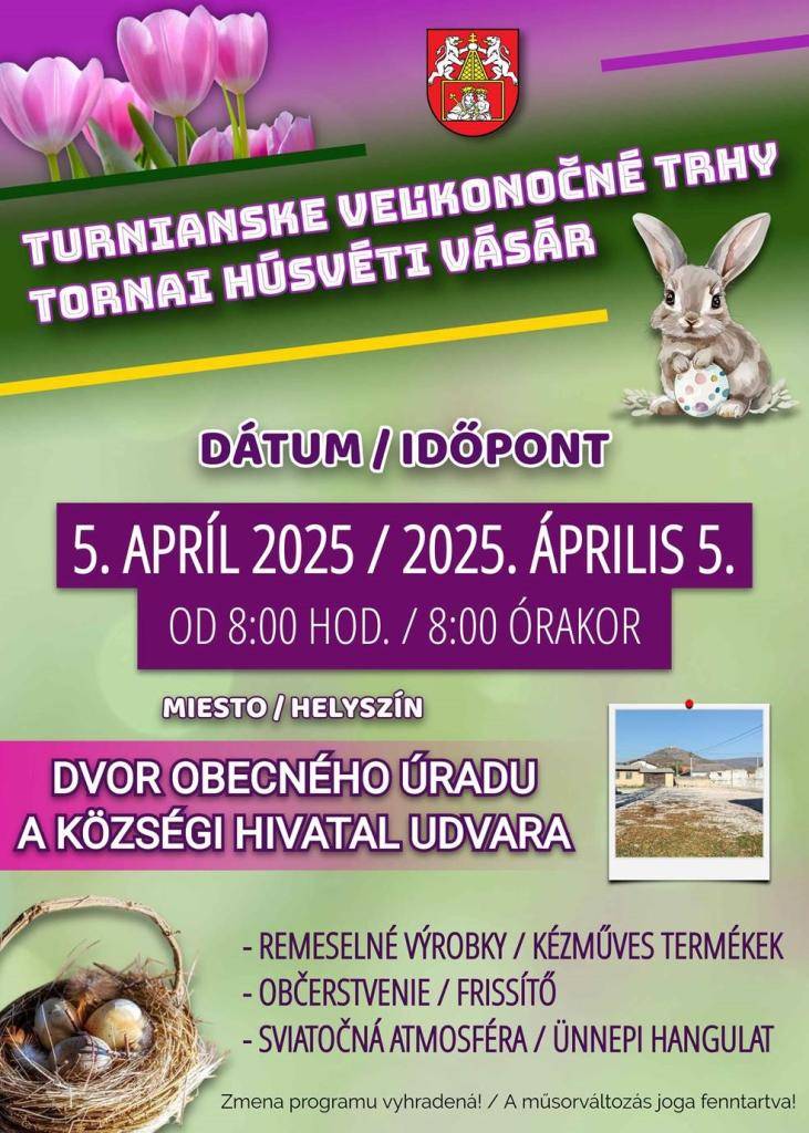 Oznamuje obyvateľom obce Brzotín, že dňa 05. apríla 2025 od 08:00 sa v obci Turňa nad Bodvou uskutočnia Turnianske veľkonočné trhy.  Všetci ste srdečne vítaní!