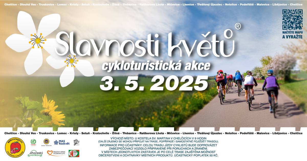 Mikroregion Chelčicko-Lhenický, svazek obcí Vás srdečně zve dne 3.5.2025 od 9.00 hodin na 22. ročník cykloturistické akce Slavnosti květů.