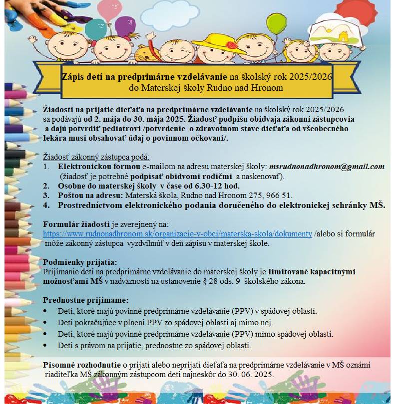 Zápis detí do Materskej školy v Rudne nad Hronom na školský rok 2025/2026