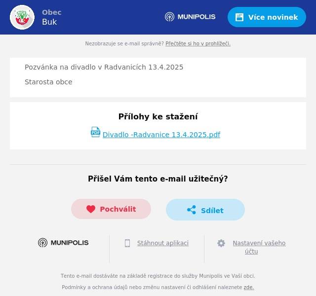 Pozvánka na divadlo v Radvanicích 13.4.2025 Starosta obce