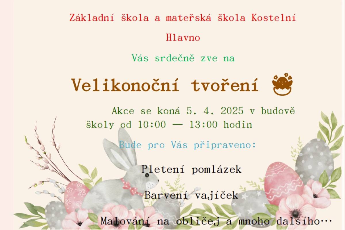 Připomínáme velikonoční tvoření, které proběhne tuto sobotu 5.4.2025 od 10:00 do 13:00 v budově naší školy.