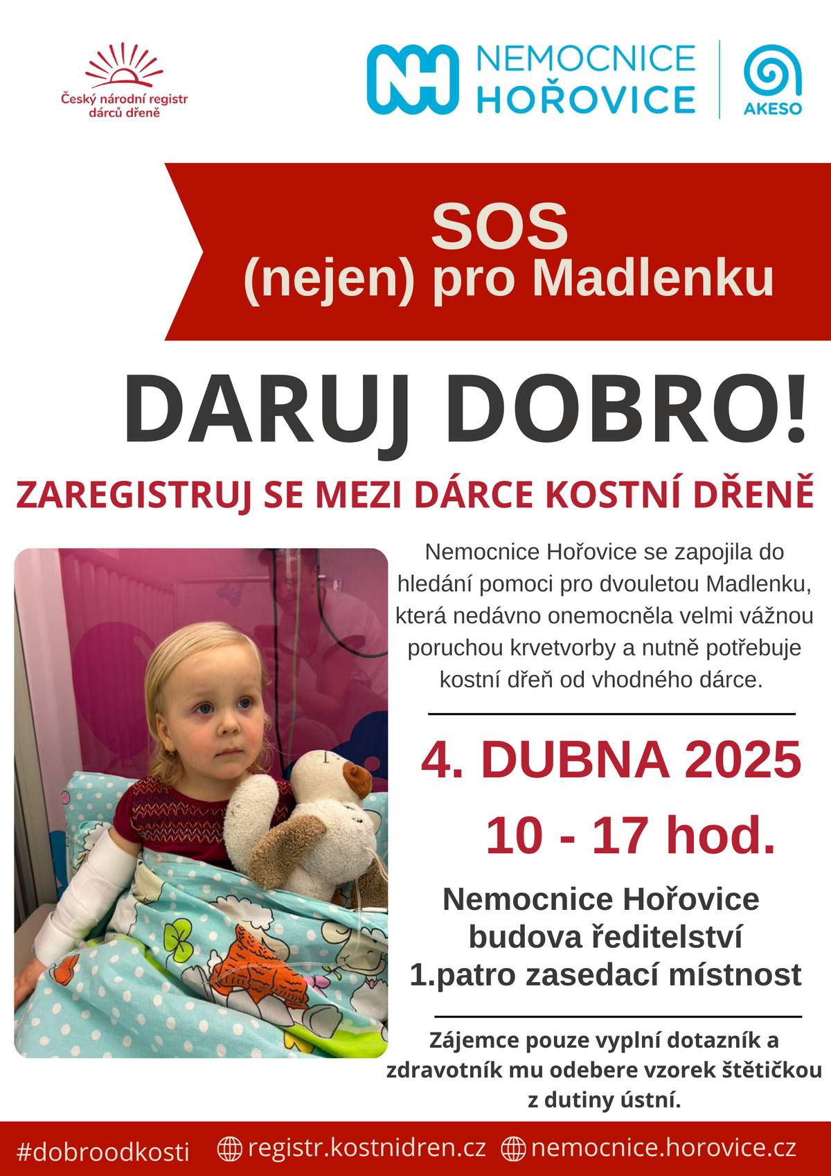 4. dubna 2025 je možné se zaregistrovat mezi dárce kostní dřeně od 10°° do 17°° hod. v Nemocnici Hořovice a podpořit tak nejen Madlenku, viz příloha.