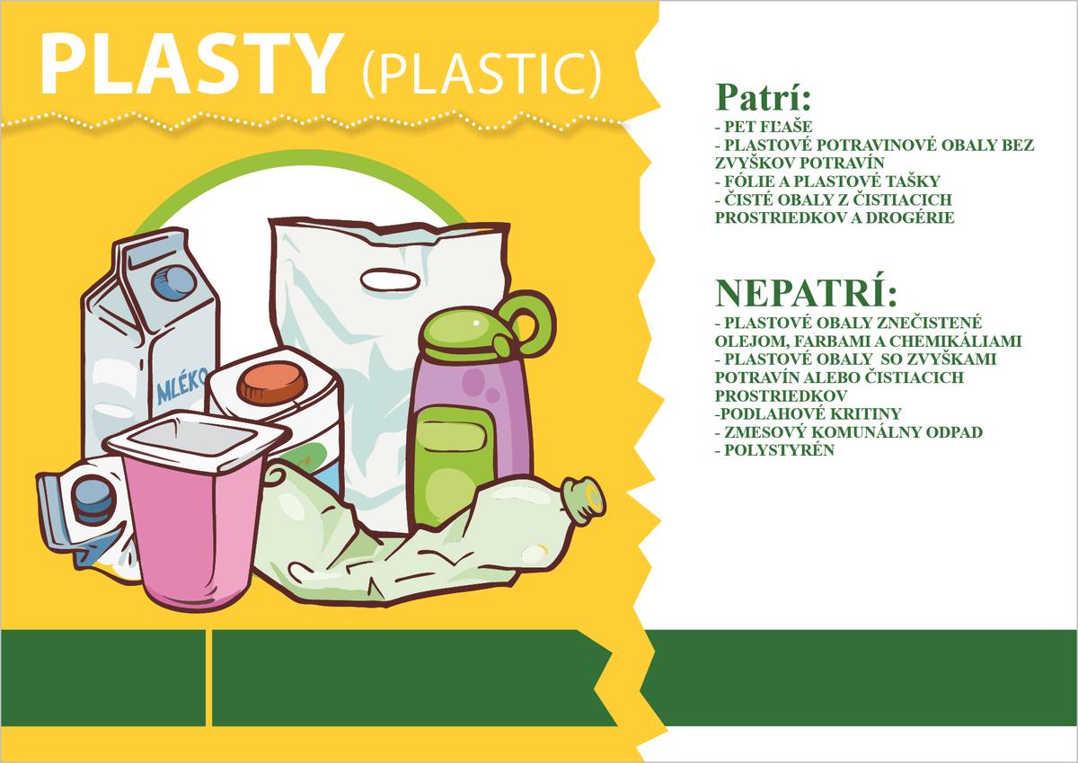 Vážený občania, všimli sme si, že Vám robí menší hlavolam triedenie selektívneho plastového odpadu a komunálneho odpadu, tak Vám chceme pomôcť, čo kam patrí. Do selektívneho plastového odpadu patria: PET FĽAŠE, PLASTOVÉ POTRAVINOVÉ OBALY BEZ ZVYŠKOV POTRAVÍN, FÓLIE A PLASTOVÉ TAŠKY, ČISTÉ OBALY Z ČISTIACICH PROSTRIEDKOV A DROGÉRIE.  Do selektívneho plastového odpadu nepatria: PLASTOVÉ OBALY ZNEŠISTENÉ OLEJOM, FARBAMI A CHEMIKÁLIAMI,  PLASTOVÉ OBALY SO ZVYŠKAMI POTRAVÍN ALEBO ČISTIACICH PROSTRIEDKOV, PODLAHOVÉ KRYTINY, ZMESOVÝ KOMUNÁLNY ODPAD, POLYSTYRÉN