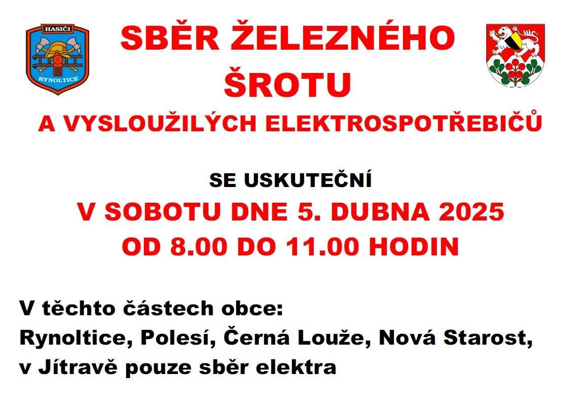 Vážení spoluobčané, SDH RYNOLTICE ve spolupráci s obcí pořádá tuto sobotu 5.4. od 8.00 do 11.00 hod. v částech obce Rynoltice, Polesí, Černá Louže a Nová Starost sběr starého železa a vysloužilých elektrospotřebičů. V Jítravě pouze sběr vysloužilých elektrospotřebičů. Železo a vysloužilé elektrospotřebiče, prosím, umístěte v den svozu před Vaším domem.   Ukliďme naši obec Letos je to již po sedmé, co jsme se připojili do úklidové akce, která proběhla a probíhá na území celé ČR. Přidejte se k nám ze všech částí obce již tuto sobotu 5.4., sraz v 9 hodin v parku před Obecním úřadem.