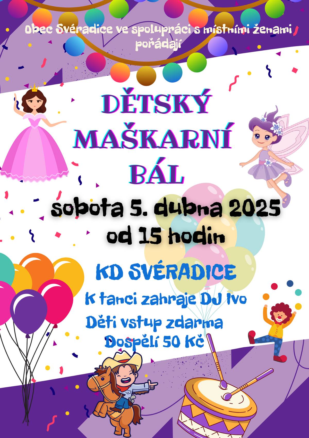 Již tuto sobotu se od 15 hodin v našem kulturním domě uskuteční dětský maškarní bál. Připraveny jsou soutěže pro děti a diskotéka. Těšíme se na vás!