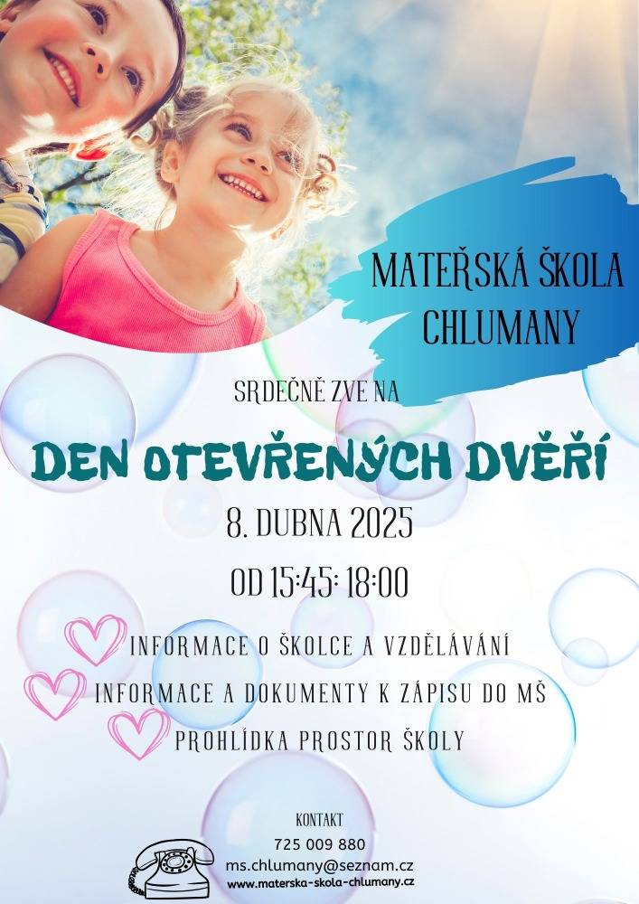 Dne 8.4.2025 proběhne v naší MŠ Den otevřených dveří, více info viz přiložený plakát.