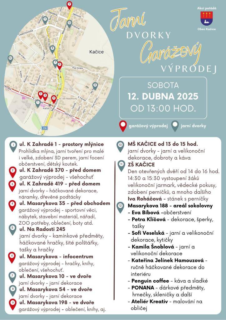 Obec Kačice zve všechny na jarní akci 3 v 1, která se uskuteční 12. dubna 2025 od 13:00. Otevřeny pro Vás budou jarní dvorky, garážové výprodeje a také SWAP v místní sokolovně společně s charitativním bazárkem.