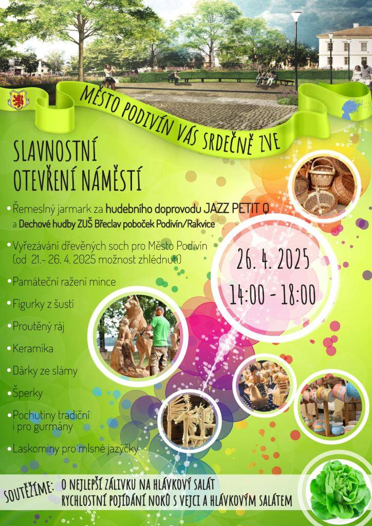 Město Podivín a hudební projekt "Modré úterý" Vás srdečně zvou na SLAVNOSTNÍ OTEVŘENÍ NÁMĚSTÍ v sobotu 26.4. na Masarykově náměstí v Podivíně.