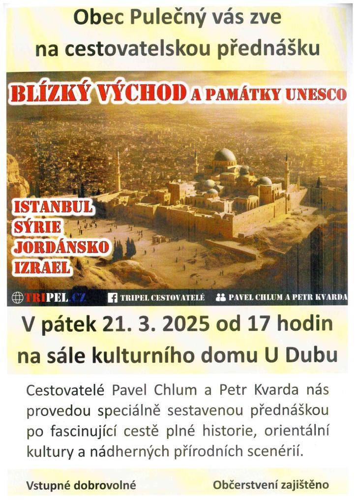V pátek 21. března 2025 cestovatelé Pavel Chlum a Petr Kvarda provedli speciálně sestavenou přednášku  plnou historie, orientálních kultur a nádherných přírodních scenérií.