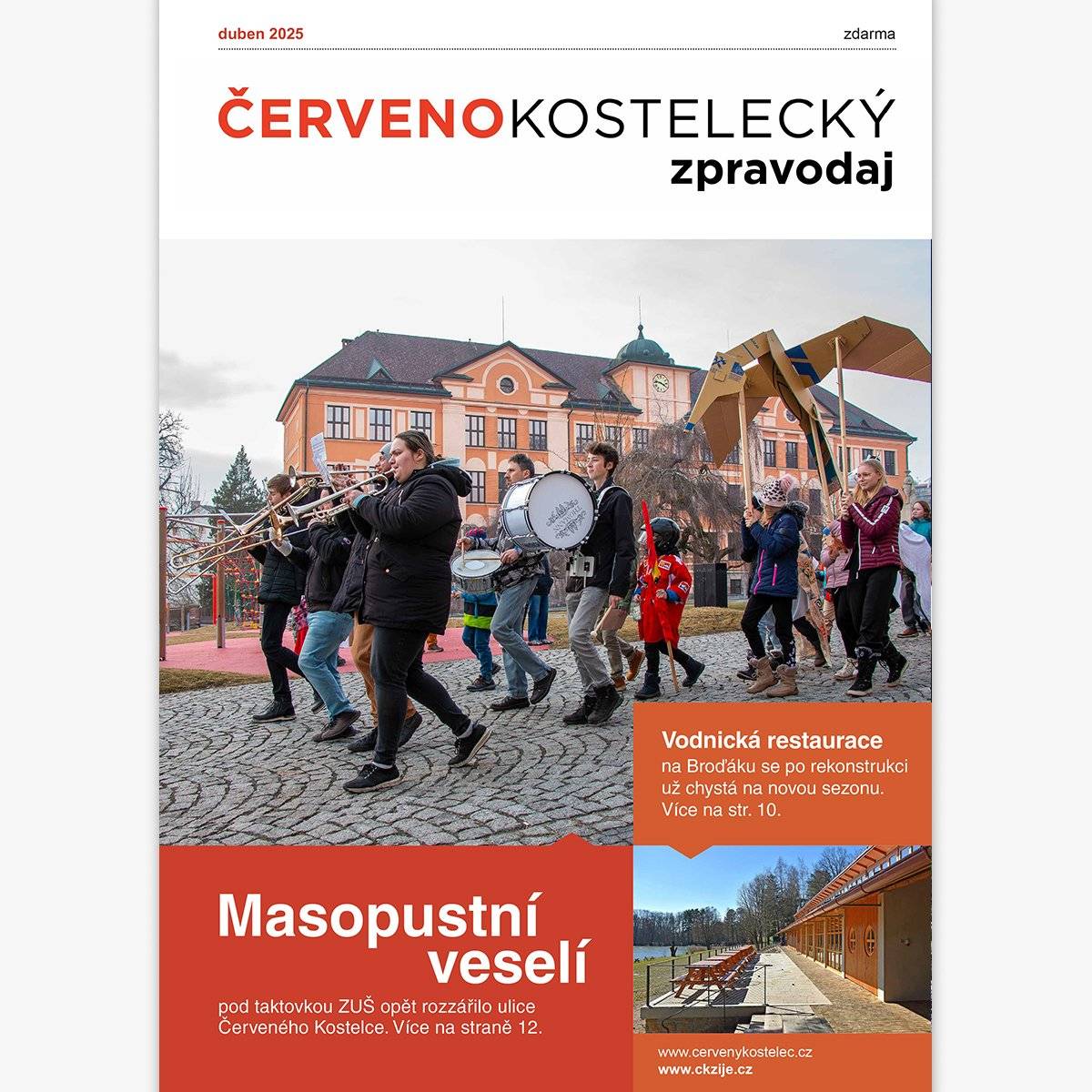 V úterý 1. dubna v 8:00 vyšlo dubnové vydání Červenokosteleckého zpravodaje.  Co v aktuálním vydání najdete?  zprávu o spuštění nového webu ; informace týkající se letošní finalizace rekonstrukce ul. Sokolská; zprávu o biskupském svěcení Prokopa Brože; článek o tom, jak DPS Červánek chystá na vystoupení v České televizi v rámci benefičního koncertu; zápis z výroční schůze Klubu turistů ČK a pozvánku na letošní Hadařskou 25; zprávičky o tom, jak probíhal masopust na školách i v ulicích města; info o sportovních úspěších mladých atletek a gymnastek, a další novinky ze sportu; pozvánku na lhotecké posvícení; kulturní program na duben; pozvánku na účast na dobrovolnické úklidové akci; ... a mnoho dalšího.  Chytrý zpravodaj naleznete na stránkách Mobilního rozhlasu nebo pod odkazem na úvodní stránce webu města. Pdf verzi Červenokosteleckého zpravodaje lze stáhnout na webu města. Příjemné čtení přeje redakce.