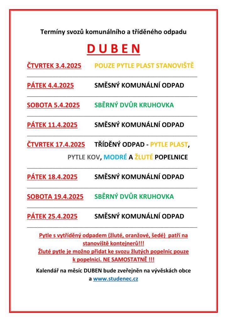 INFORMACE KE SVOZU ODPADŮ