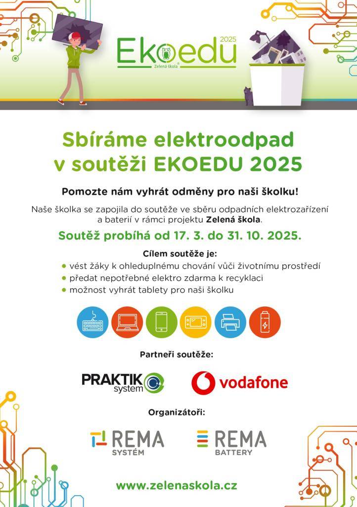 I v letošním roce se naše škola přihlásila do soutěže ve sběru vysloužilého elektrozařízení. Předem děkujeme za vaši pomoc. Akce končí 31. října 2025.