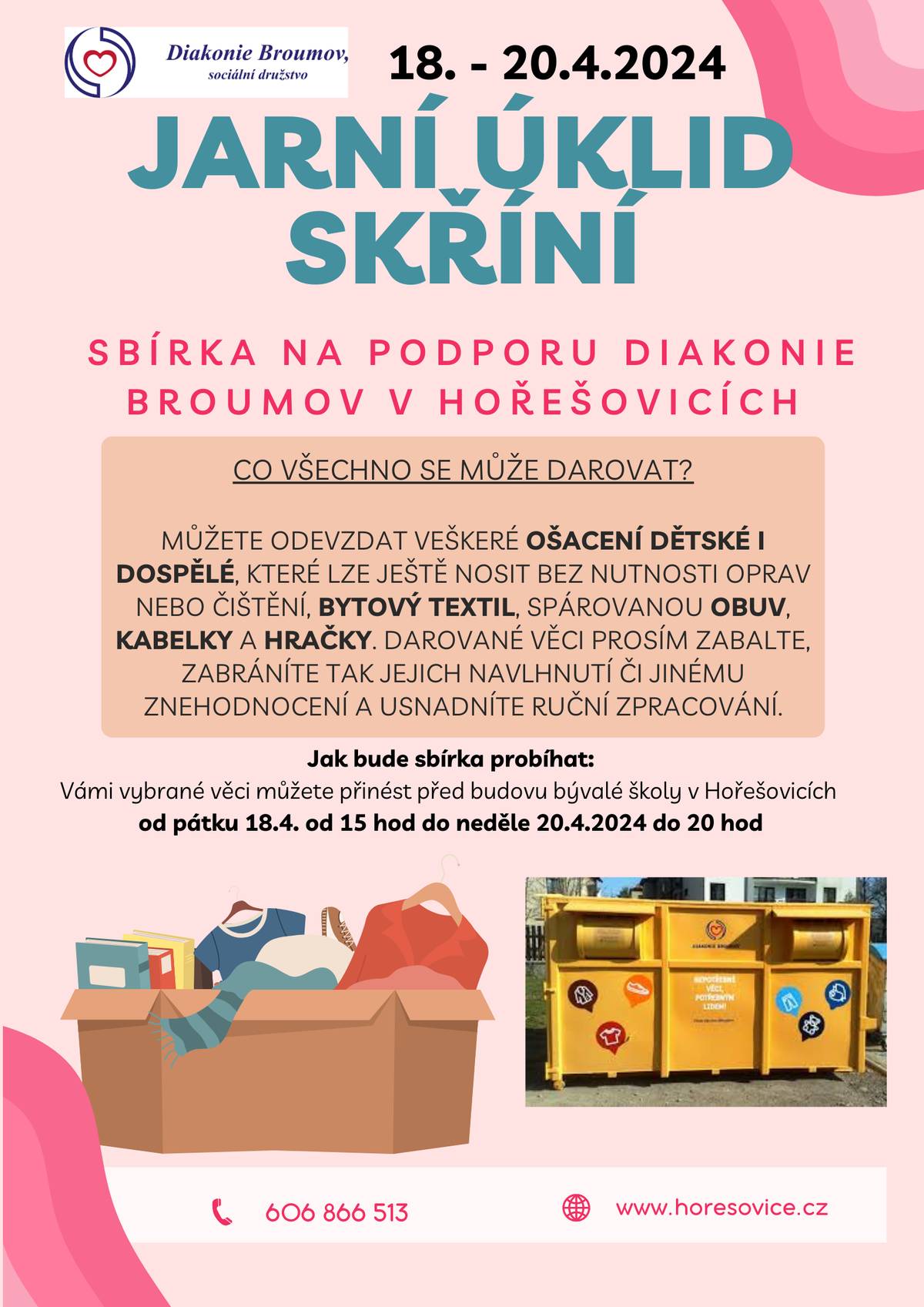 Co může darovat? Veškeré ošacení dětské i dospělé, které lze ještě nosit bez nutnosti oprav nebo čištění, bytový textil, spárovanou obuv, kabelky a hračky. Darované věci prosím zabalte, zabráníte tak jejich navlhnutí či jinému znehodnocení a usnadníte ruční zpracování. Vámi darované věci můžete přinést před budovu bývalé školy v Hořešovicích od pátku 18.4. 15:00 do neděle 20.4.2024  20:00