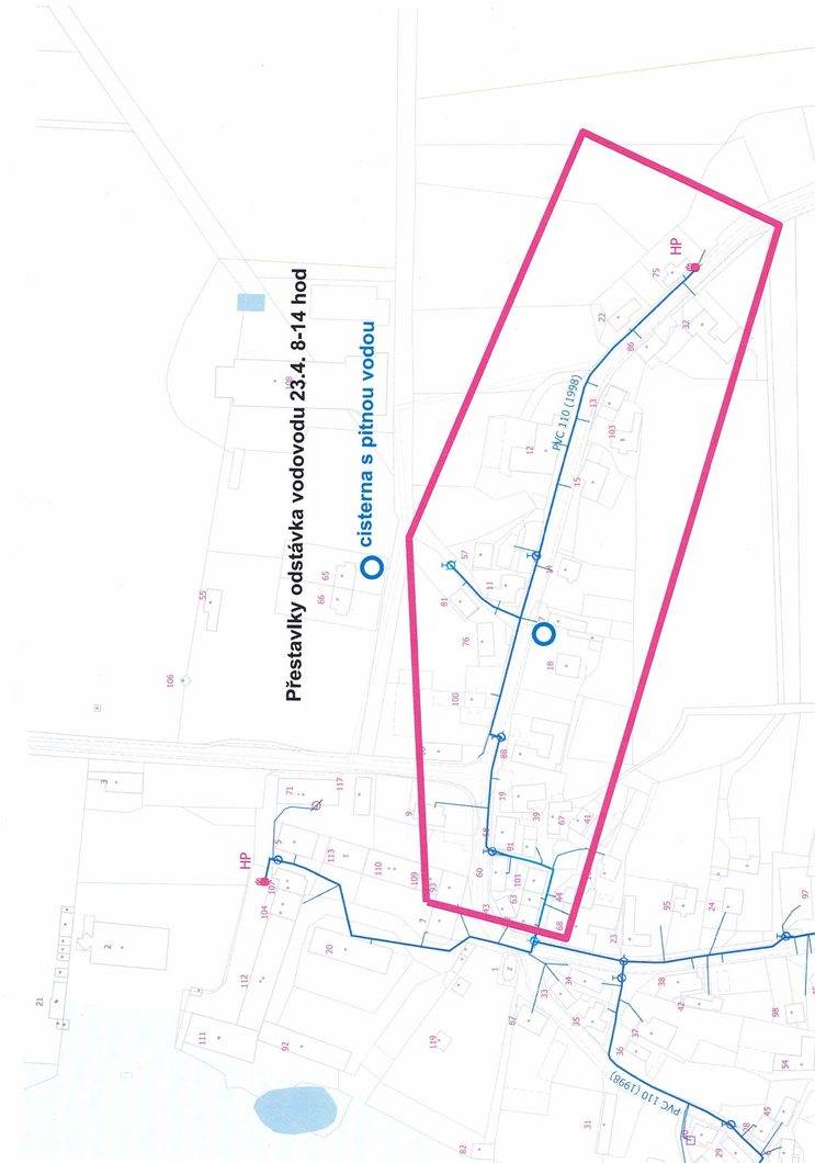 Oznámení o odstávce  Přestavlky přeložka vodovodu    Od: 23. 4. 2025 8:00   Do: 23. 4. 2025 14:00   Obec: Přestavlky   Důvod přerušení: Rekonstrukce vodovodního řadu   Náhradní zásobování: Přistavené cisternové kontejnery    Po obnovení dodávky pitné vody bude provedena kontrola a odkalení vodovodní sítě. Detailní informace o dopadu odstávky  Přestavlky, Přestavlky  Odstávka vodovodu se týká jenom části obce od kapličky směr Rosice. plán odstávky viz situace.