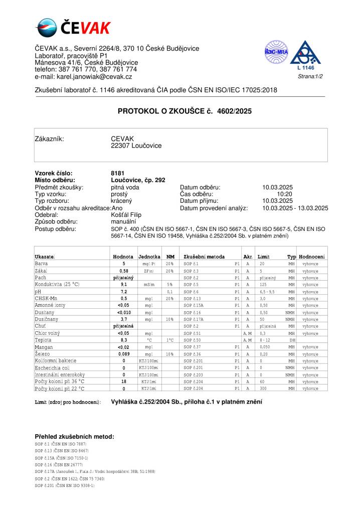 Vážení občané,  na základě stížnosti obyvatele domu č.p. 292 jsme nechali prověřit kvalitu pitné vody v naší obci. Celý protokol z testování zveřejňujeme v plném znění.  Můžeme vás ale ujistit, že pitná voda v Loučovicích je bez závad a jsme rádi, že se podezření na její zhoršenou kvalitu nepotvrdil