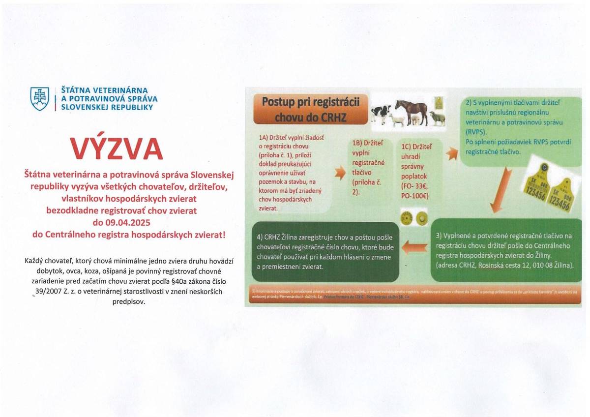 Výzva pre všetkých chovateľov, držiteľov a vlastníkov hospodárskych zvierat.