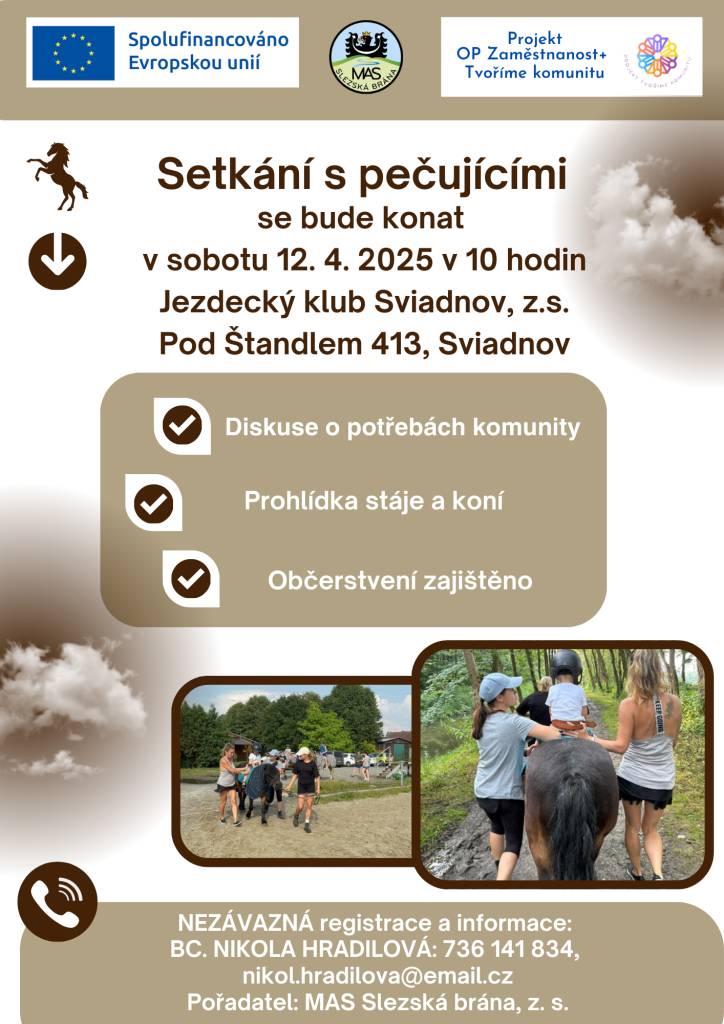 MAS Slezská brána vás zve na Veřejné setkání s pečujícími v JK Sviadnov, které se uskuteční v sobotu 12.4.2025 v 10 h v JK Sviadnov.