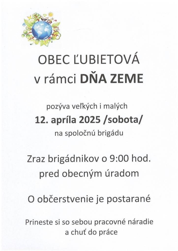 Obec Ľubietová v rámci DŇA ZEME pozýva malých i veľkých 12.4.2025 na spoločnú brigádu.