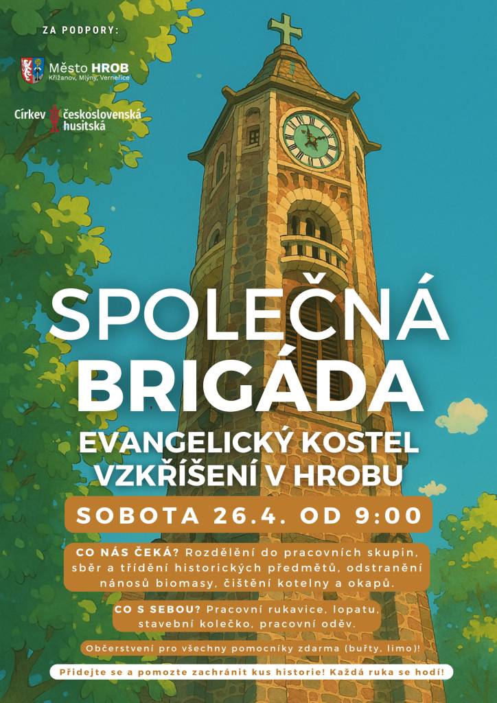 Vážení občané. Zveme vás na společný úklid evangelického kostela Vzkříšení, který se bude konat 26.4.2025 od 9.00 hod. Podrobnosti na plakátech a na webu města.