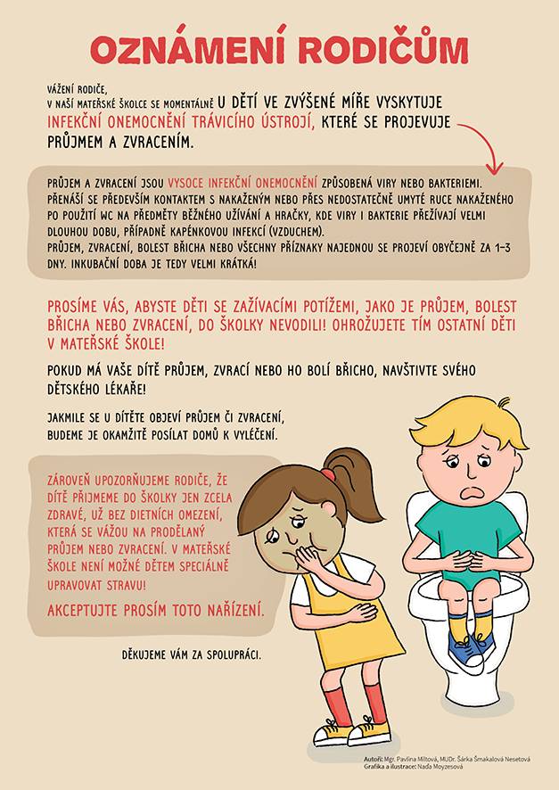 Napříč třídami se stále objevují zažívací obtíže mezi dětmi. V tomto případě je okamžitě odesíláme domů a žádáme rodiče, aby děti, které mají tyto problémy, do školky vůbec neposílali a nechali si je doma minimálně i následující den. Děkujeme, že chráníte zdraví všech!
