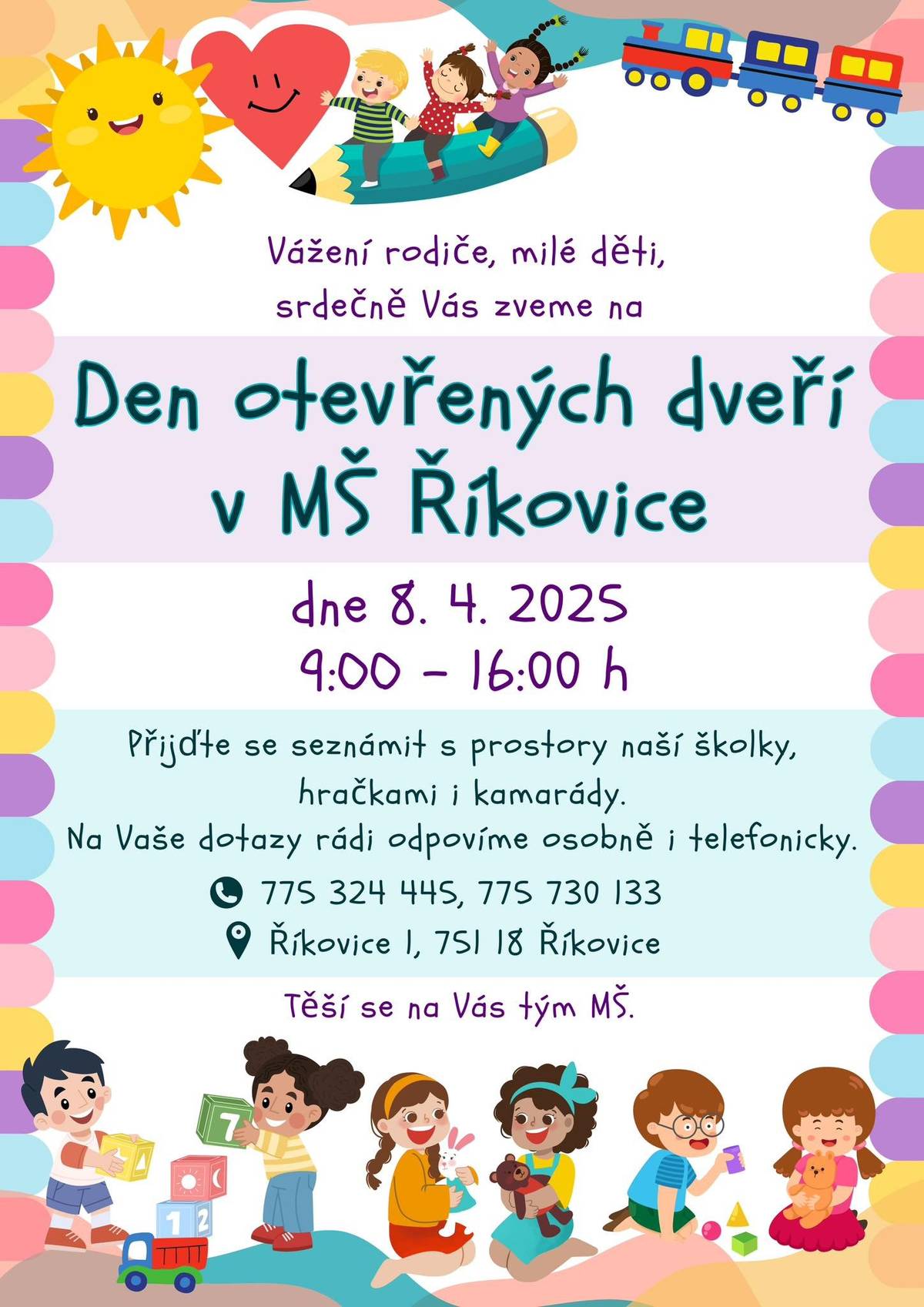 MŠ Říkovice zve 8.4.2025 od 9 do 16 hodin na Den otevřených dveří.