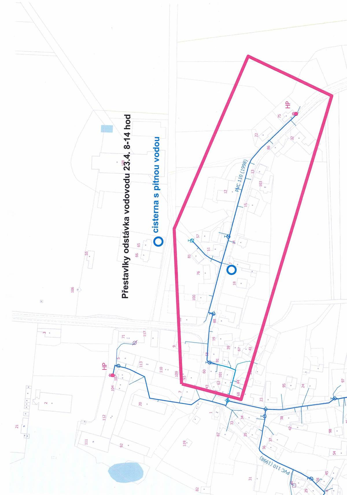 Oznámení o odstávce  Přestavlky přeložka vodovodu    Od: 23. 4. 2025 8:00   Do: 23. 4. 2025 14:00   Obec: Přestavlky   Důvod přerušení: Rekonstrukce vodovodního řadu   Náhradní zásobování: Přistavené cisternové kontejnery    Po obnovení dodávky pitné vody bude provedena kontrola a odkalení vodovodní sítě. Detailní informace o dopadu odstávky  Přestavlky, Přestavlky  Odstávka vodovodu se týká jenom části obce od kapličky směr Rosice. plán odstávky viz situace.