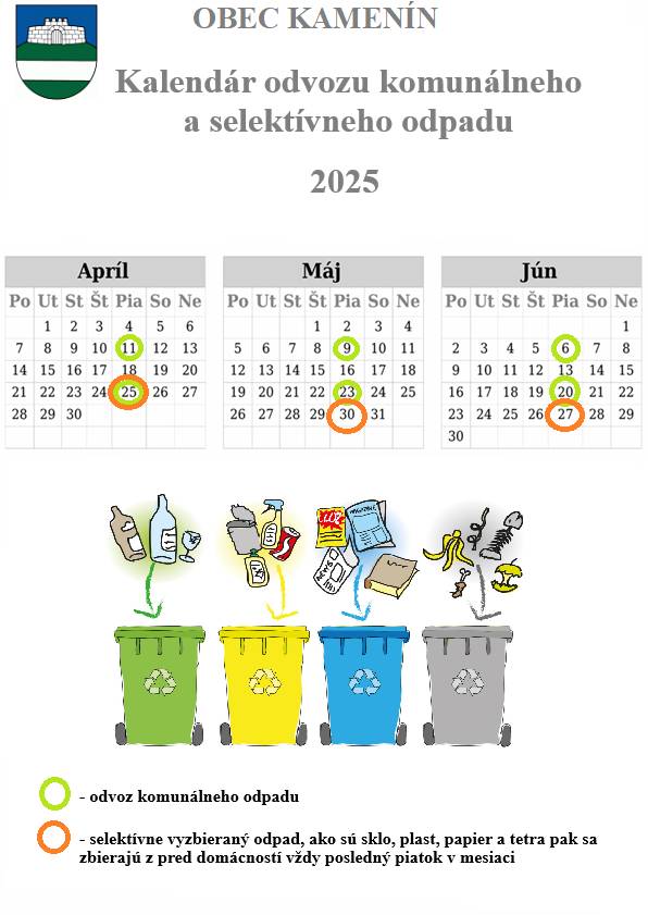 Vážený občania, dátumy vyznačené zelenými kruhmi označujú odvoz komunálneho odpadu a oranžovou farbou označené dátumy zase odvoz selektívne vyzbieraného a zvlášť vo vreciach zabaleného odpad ako sú sklo, plast, papier a tetrapak(vždy posledný piatok v mesiaci).