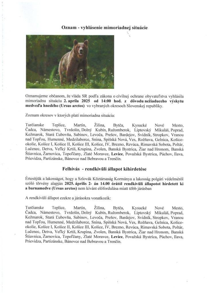 Oznam-vyhlásenie mimoriadnej situácie/Felhívás - rendkivüli állapot kihrdetése