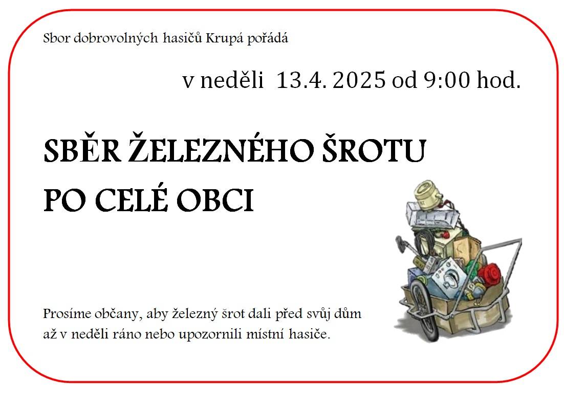 Sběr železného šrotu po obci proběhne   v neděli 13.4.2025 od 9:00 hod.