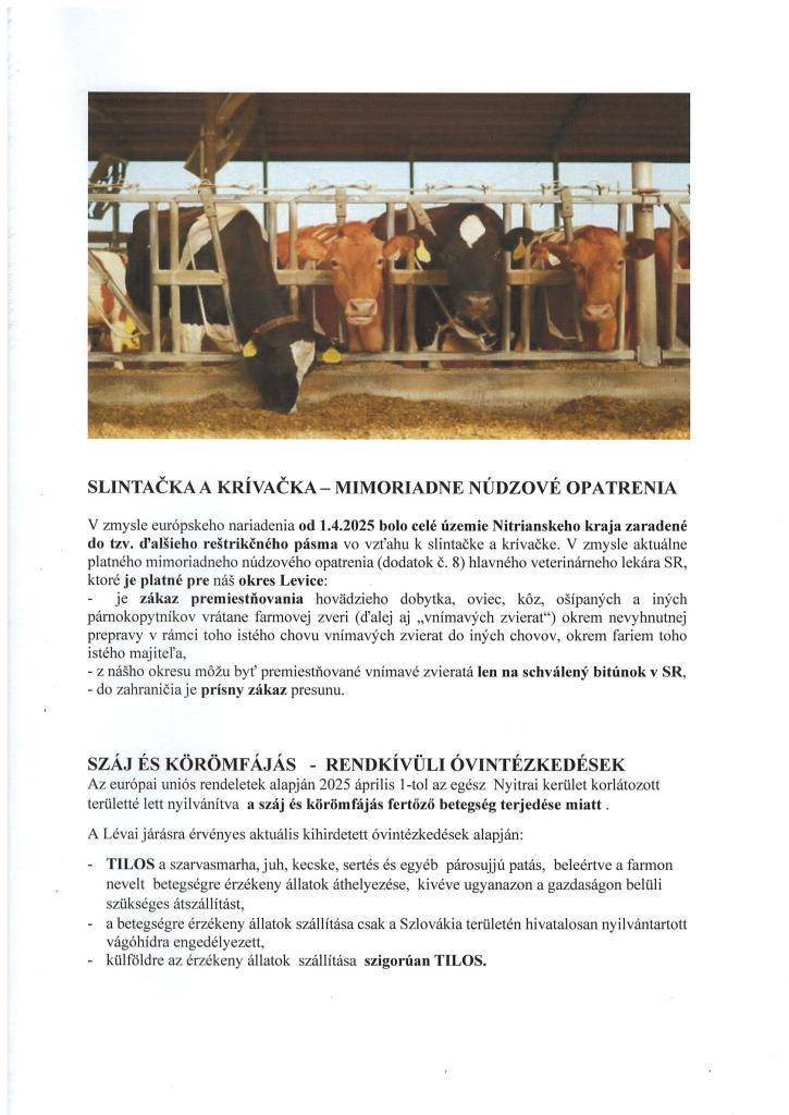 Slintačka a krívačka- Mimoriadne núdzové opatrenia/Száj és körömfájás -rendkívüli óvintézkedések