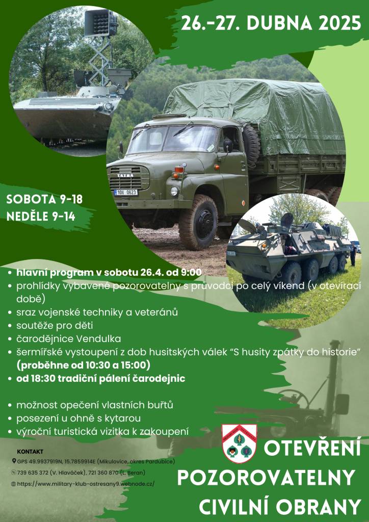 26.-27. dubna 2025 Military klub Ostřešany zve  na slavnostní otevření pozorovatelny v Mikulovicích.  Tato událost je výjimečná nejen svou atmosférou, ale i bohatým programem. K vidění bude velké množství vojenské techniky, rytířské souboje a pro děti jsou připraveny soutěže s drobnými dárky.