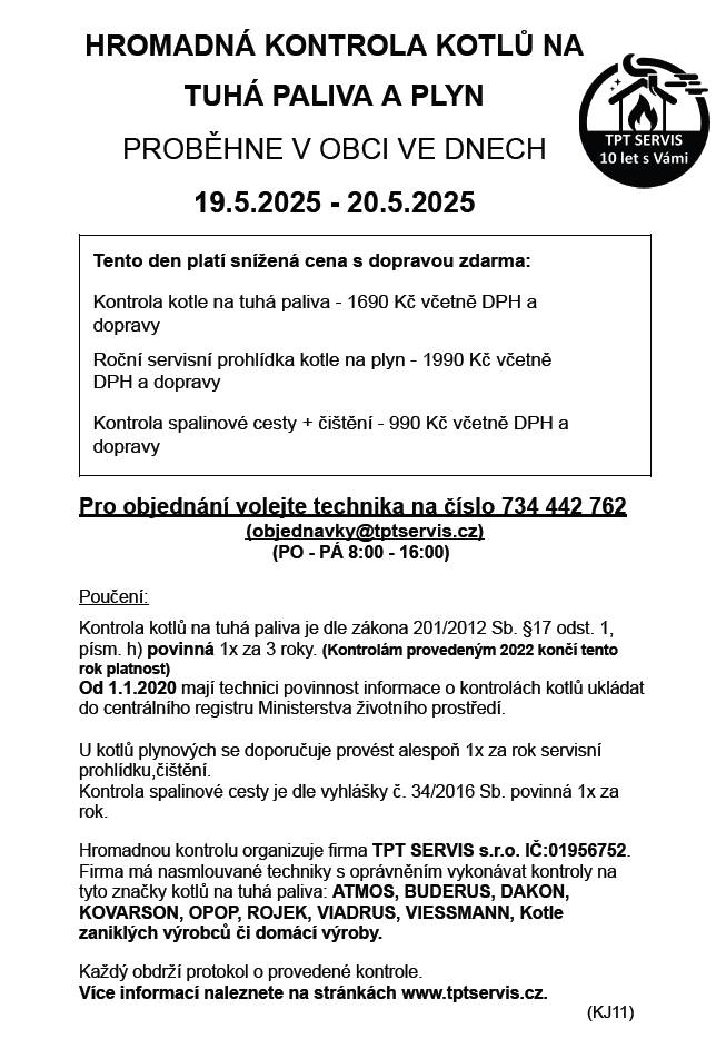 Hromadná kontrola kotlů na tuhá paliva a plyn proběhne v obci ve dnech 19.5.2025 - 20.5.2025