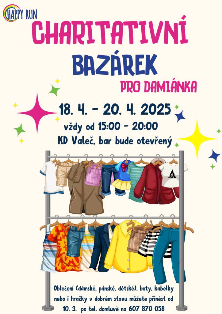 Happy run pořádá charitativní bazárek ve dnech 18. 4. - 20. 4. 2025. Můžete darovat dětské, dámské i pánské oblečení, boty, kabelky, pásky i hračky.