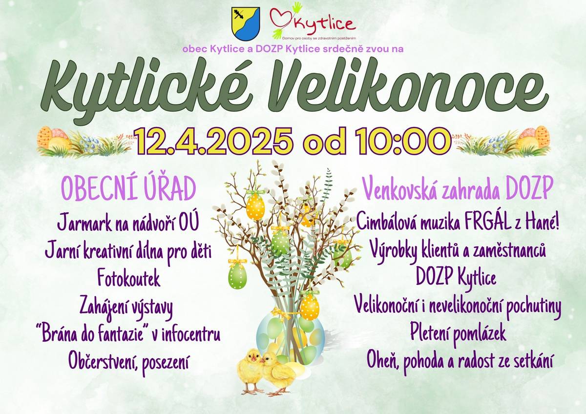 Vážení přátelé, v sobotu vás čeká v Kytlicích opravdu bohatý program – celý den bude plný barev, chutí, hudby a fantazie! 🛍️ TRADIČNÍ BLEŠÍ TRHY Od rána, vstupné 30 Kč – poklady, které jinde nenajdete! 🐣 VELIKONOČNÍ JARMARK Od 10:00 u obecního úřadu ➡️ Velký stan se sadbou ➡️ Koření, dekorace, ruční výrobky ➡️ Dílničky pro děti ➡️ Velký fotokoutek a OBŘÍ živý zajíc! 🐰 ➡️ Spousta dobrot ➡️ A jedinečný historický flašinet 🎶 🌼 VENKOVSKÁ ZAHRADA DOZP Druhá část programu bude tradičně ve Venkovské zahradě DOZP 🎻 Těšte se na moravský cimbál v podání kapely FRGÁL z Hané 🍲 Občerstvení a výrobky klientů i zaměstnanců DOZP ✨ VELKOLEPÁ VÝSTAVA V INFOCENTRU Také v 10:00 se otevře výstava "Brána do fantazie" A už teď vám můžeme slíbit – bude to jeden z nejkrásnějších projektů, jaký jste v infocentru viděli! 💫   🎉 Přijďte s námi strávit den plný radosti, tvořivosti a velikonoční nálady!