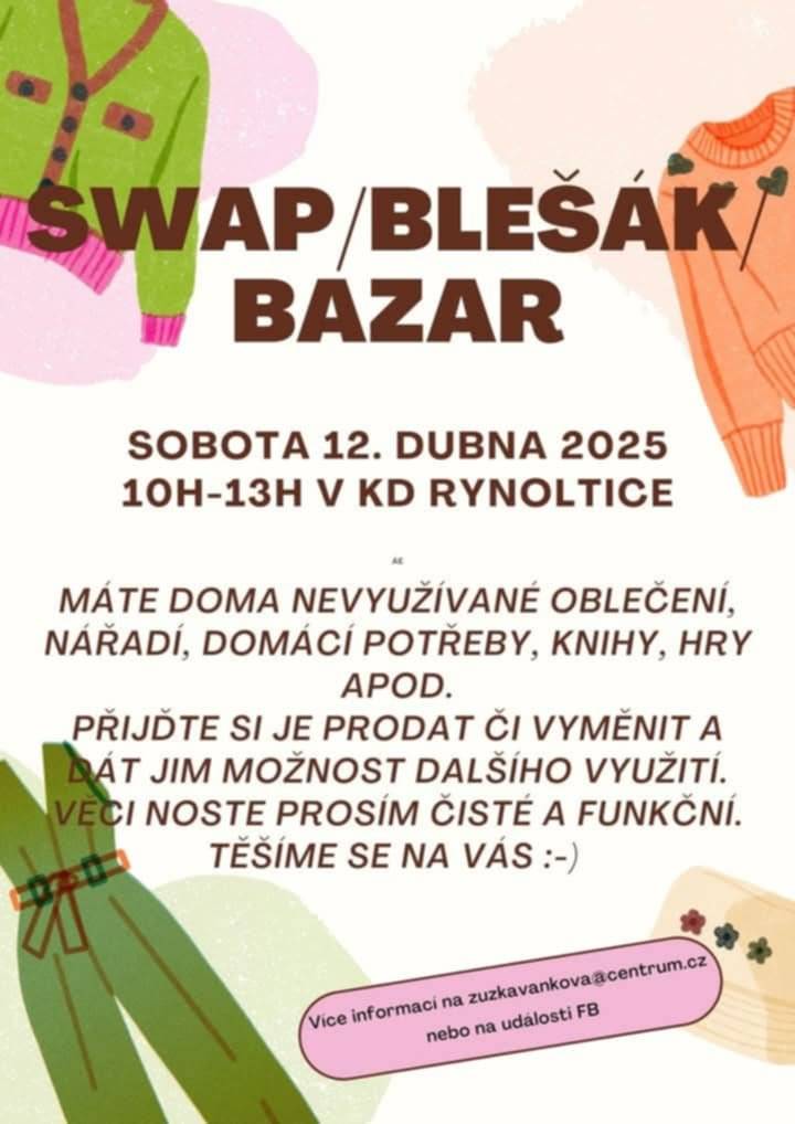 Vážení spoluobčané, Máte doma věci, které už nepotřebujete? Knihy, oblečení, domácí či sportovní potřeby? Přijďte si je prodat nebo swapnout (vyměnit za něco jiného).  Chtějí si vaše děti prodat nepotřebné hračky, knihy, hry, kostýmy či vlastní výrobky? Součástí bude i PidiTrh, ať si mají možnost vyzkoušet prodej či výměnu...  Zboží si můžete vystavit buď na dece na zemi, případně budou k dispozici i nějaké stoly. Můžete být buď uvnitř Kulturního domu či venku před ním, jak budete chtít... https://www.facebook.com/share/1H6f2csqiW/ Zuzka Vaňková